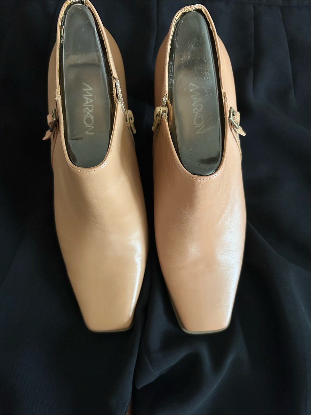 Marion Women’s Tan Square-Toe Heeled Boots with Side Buckle